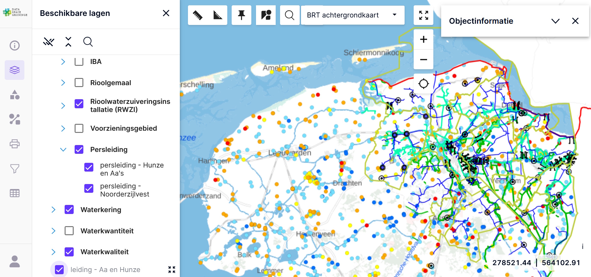 De open WebGIS-viewer van Data Space Groningen met waterketen-lagen over Noord-Nederland
