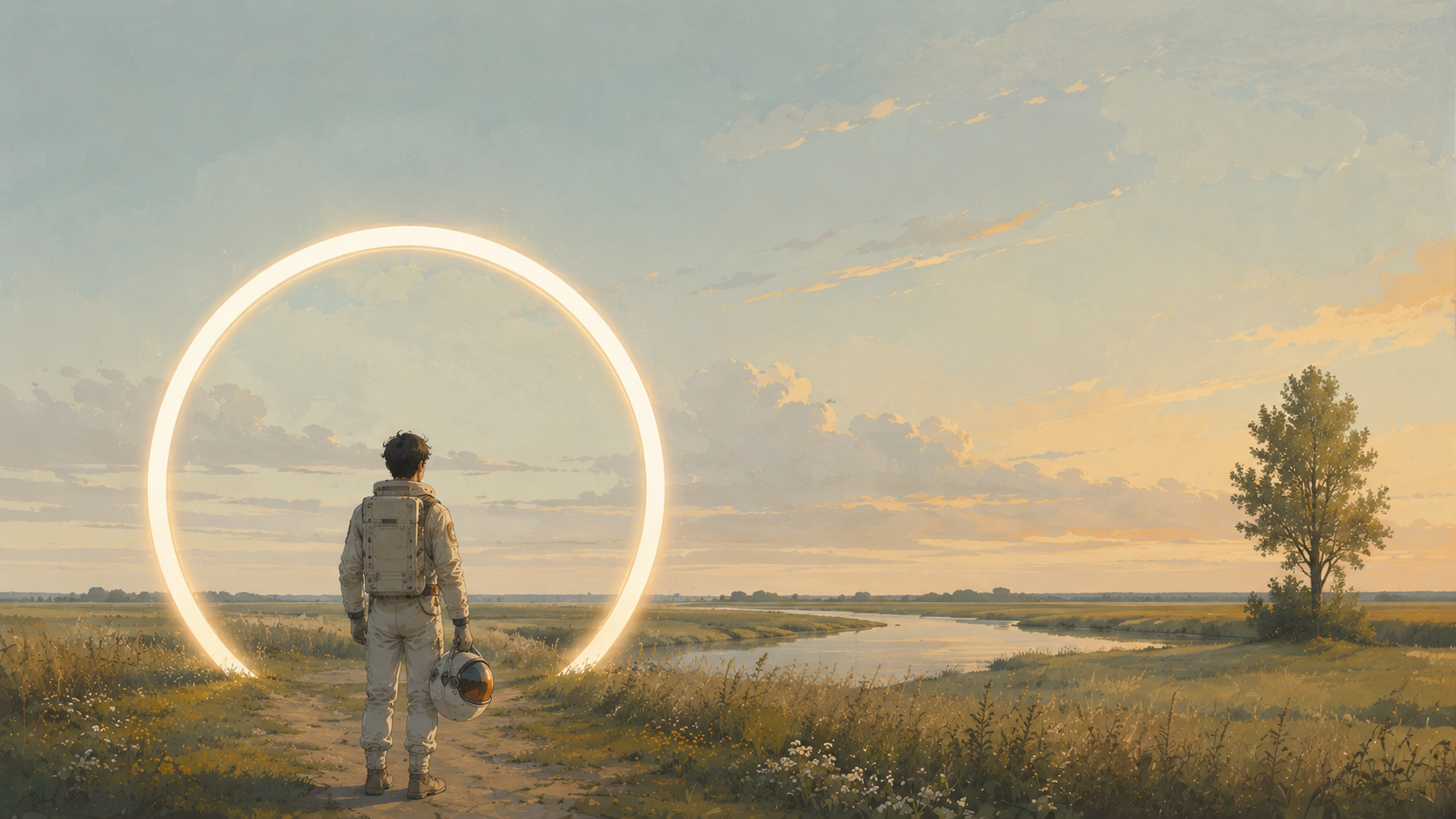 Astronaut die uitkijkt over een Nederlands landschap, helm in de hand